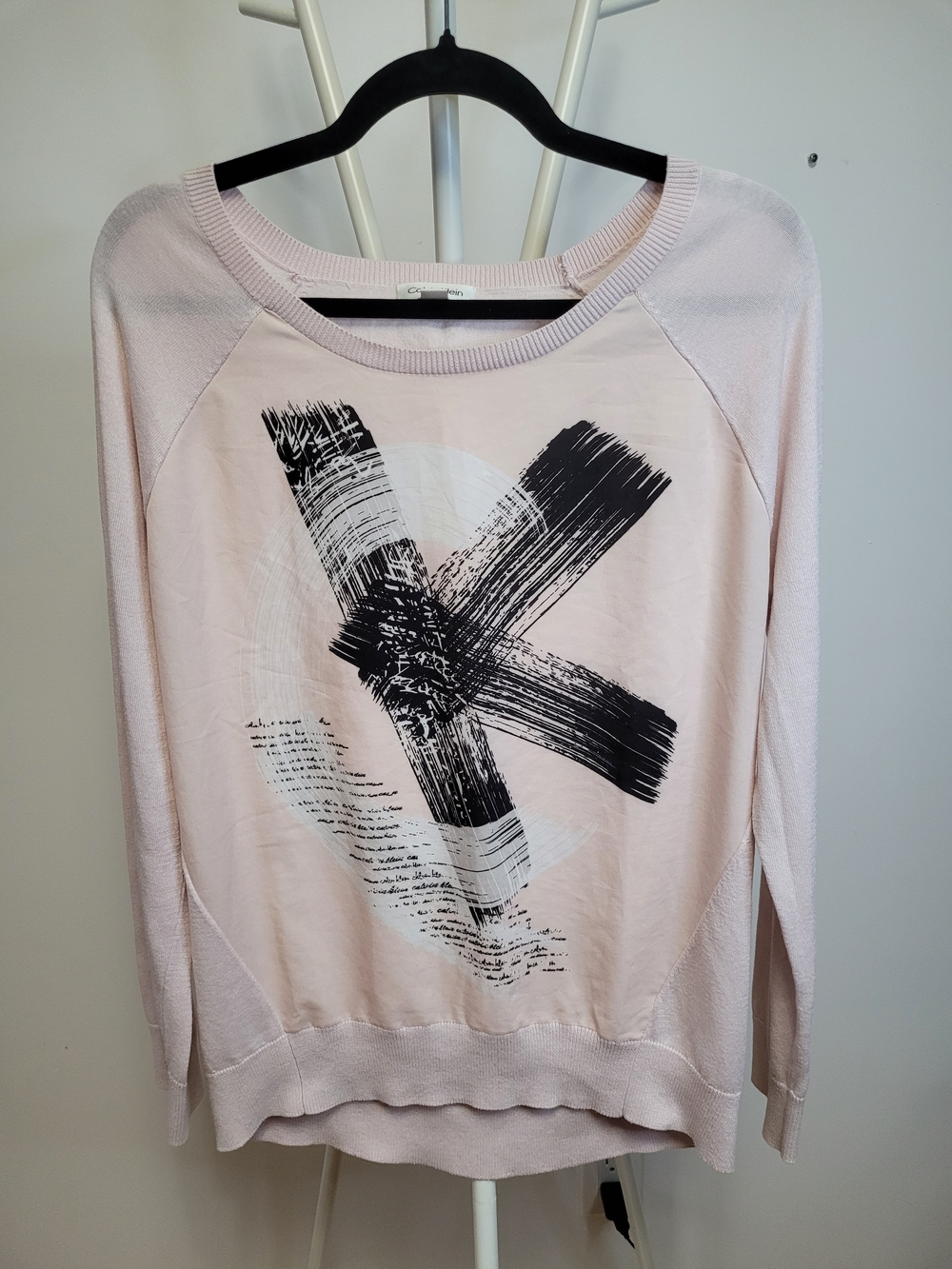 Calvin Klein Pale Pink Crewneck Sweater with Black Brush Graphic - Large